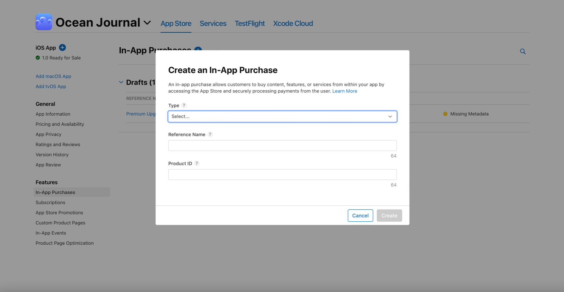 Create In-app purchase